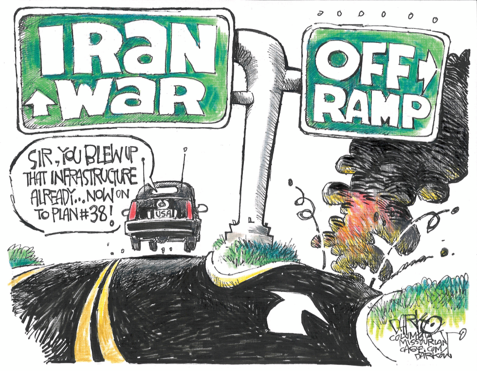 In this iran war political cartoon, a USA car veers toward a destroyed off ramp, quipping about blown infrastructure and plan 38.