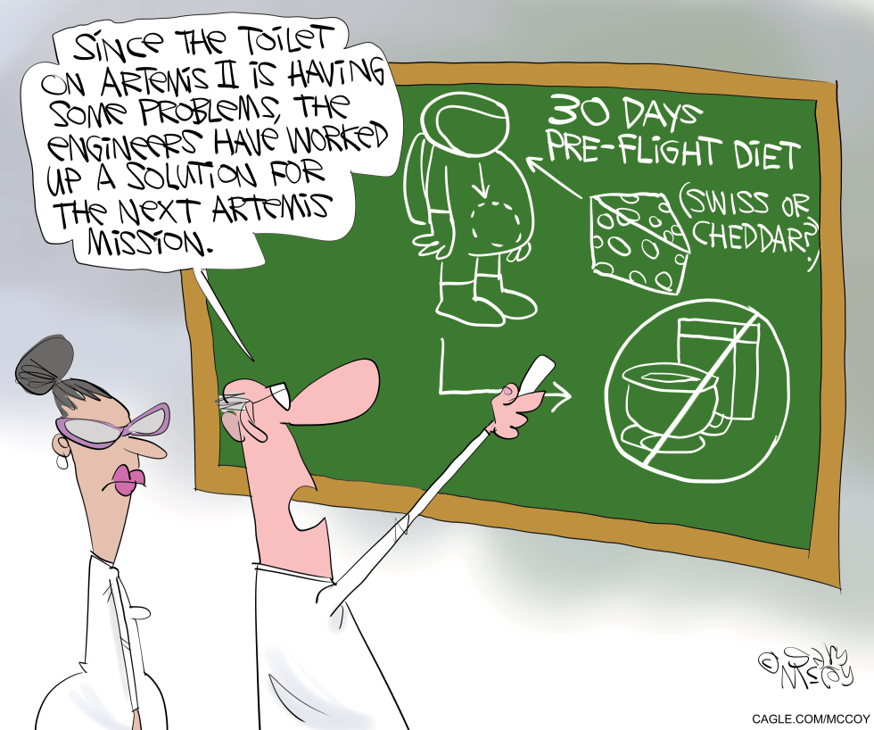 In this NASA Artemis II cartoon, engineers suggest a cheese-heavy pre-flight diet to solve toilet issues, blending space mission satire with bathroom humor.