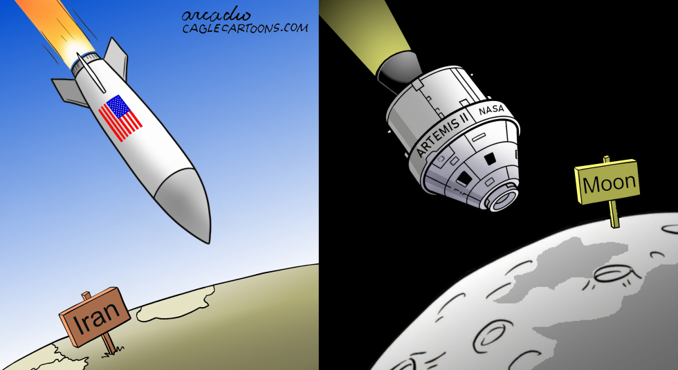 In this war and exploration satire, a NASA Artemis II capsule nears the moon while a US missile targets Iran.