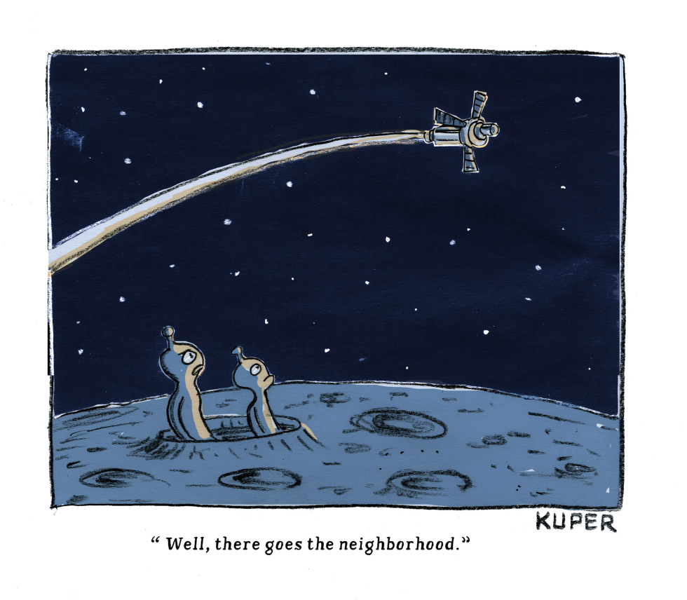Two aliens on the dark side of the moon watch an Artemis II rocketship orbiting away, muttering about the neighborhood going downhill.