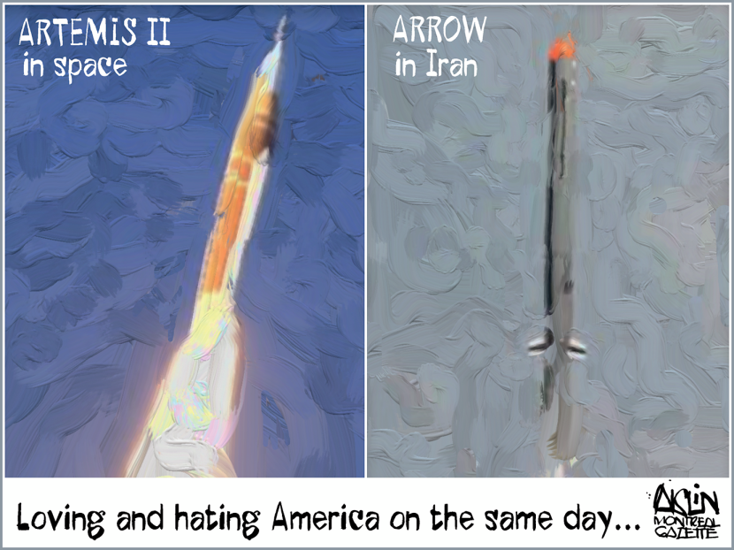 This political cartoon juxtaposes the Artemis II space launch with an Arrow in Iran, capturing the irony of loving and hating America on the same day.
