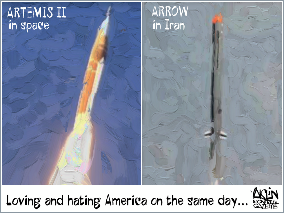 This political cartoon juxtaposes the Artemis II space launch with an Arrow in Iran, capturing the irony of loving and hating America on the same day.