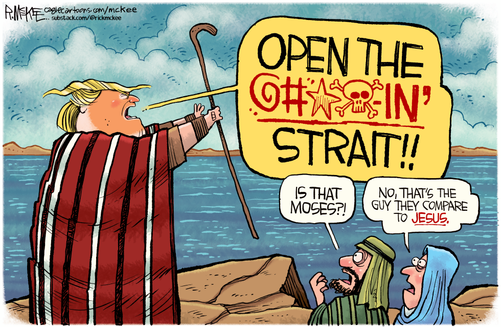 Trump as Moses Demands to Open the Strait in Obscene Parody
