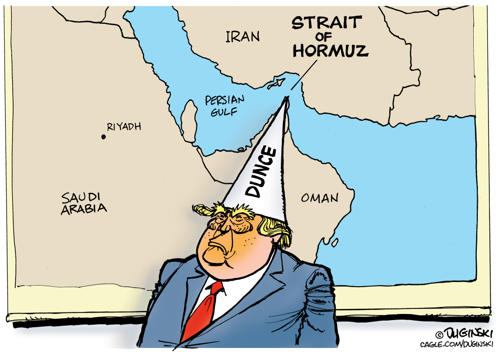 A caricature wearing a dunce cap blocks the Strait of Hormuz on a Middle East map, highlighting foreign policy, ignorance, and oil choke points.