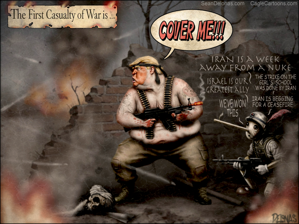 Trump's War Lies Exposed in Delonas Cartoon: Cover Me from the Truth