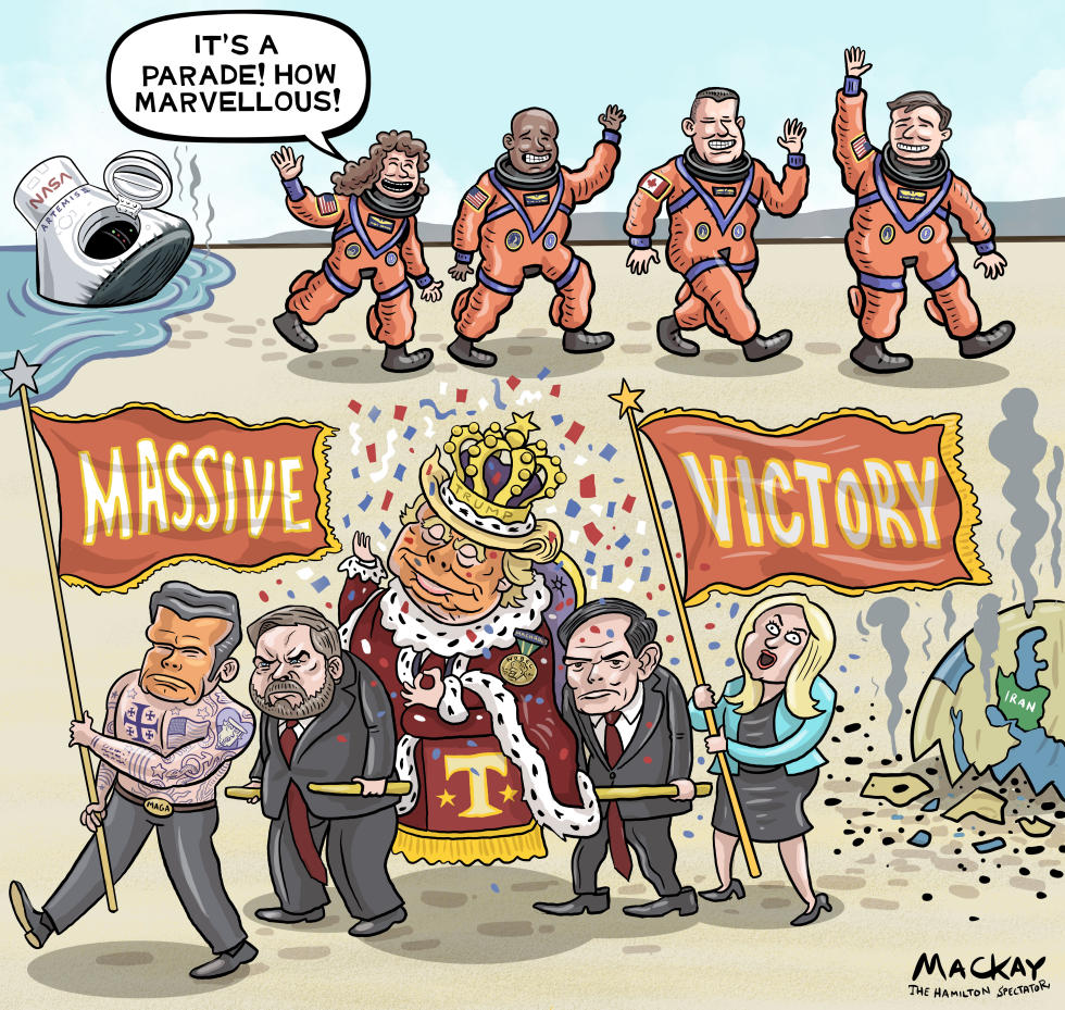 In this political cartoon, astronauts celebrate a marvellous parade from a crashed NASA capsule, while below, figures carry a crowned throne amid massive victory banners and confetti.