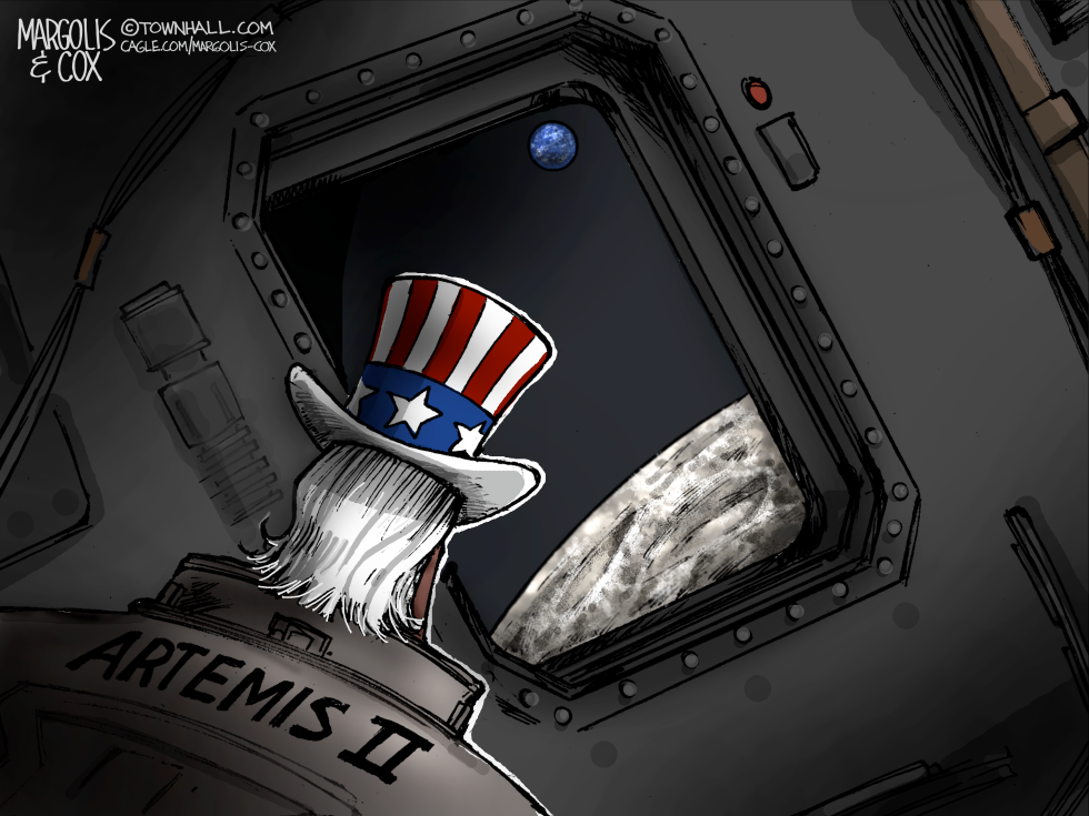 In this political cartoon, Uncle Sam in Artemis II spacecraft peers at the moon, blending American patriotism with space exploration humor.