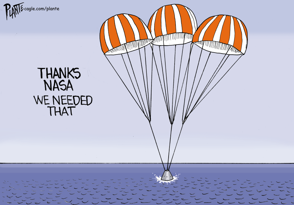 In this political cartoon, a space capsule with striped parachutes lands in the ocean, bearing the sarcastic text \'Thanks NASA We Needed That\' amid a sea of fish-like shapes.