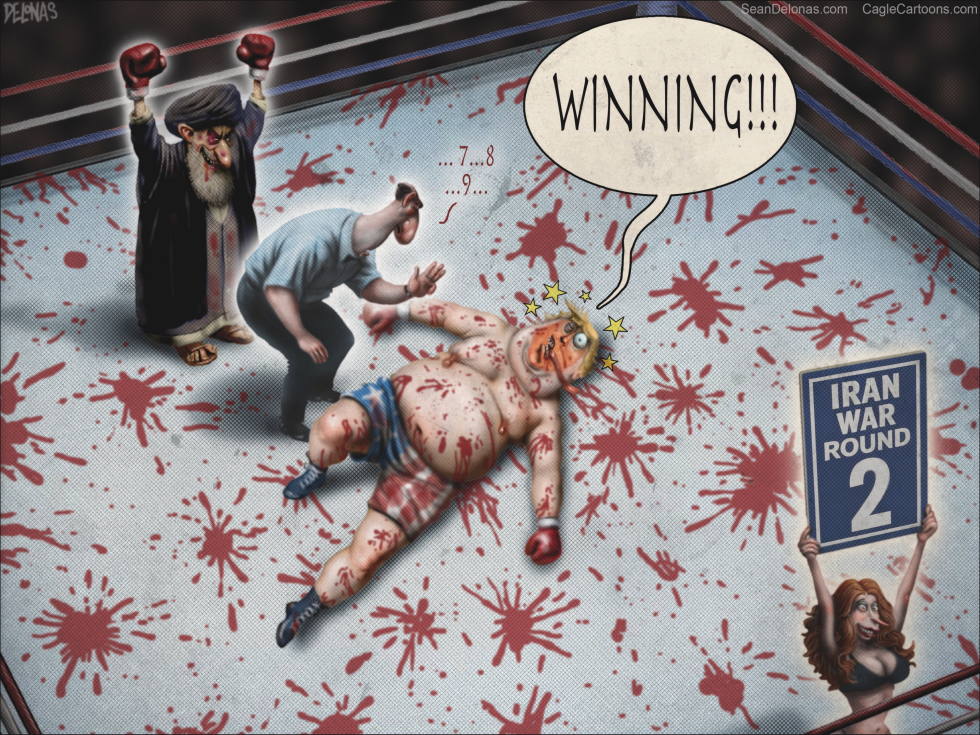 Bloody Knockout: Turbaned Victor Claims Win in Iran War Round 2 Cartoon