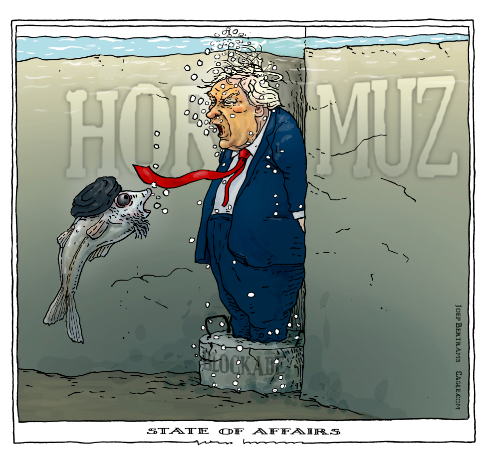 Donald Trump caricature sinks in concrete shoes during Strait of Hormuz blockade, with fish biting his tie.