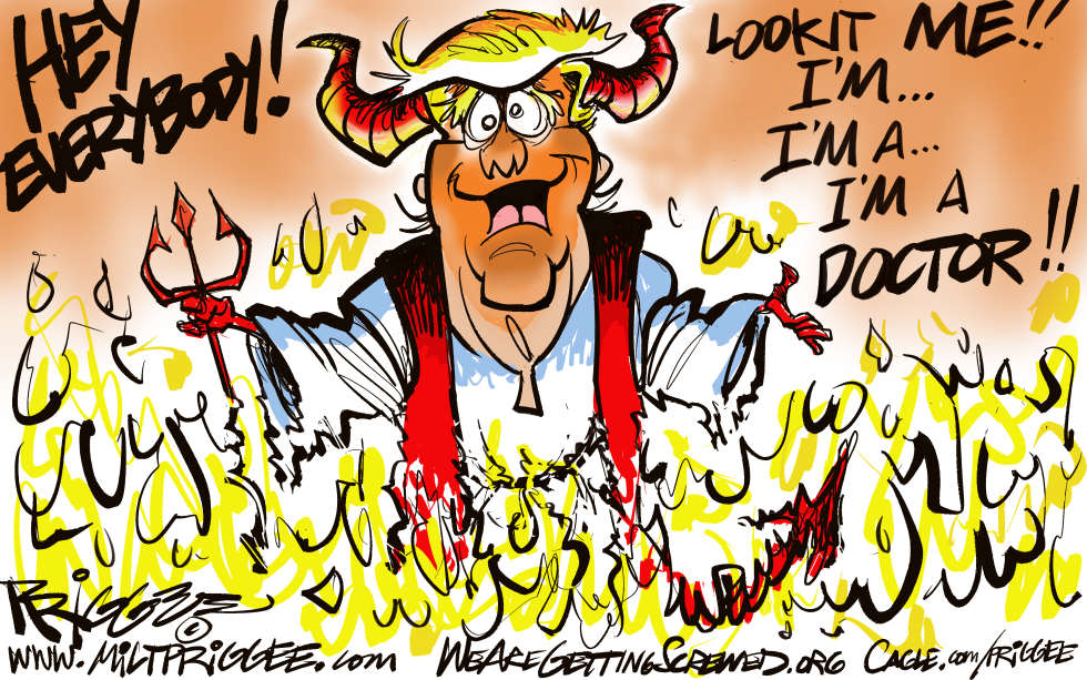 Devilish Figure Proclaims Doctor Status in Fiery Cartoon