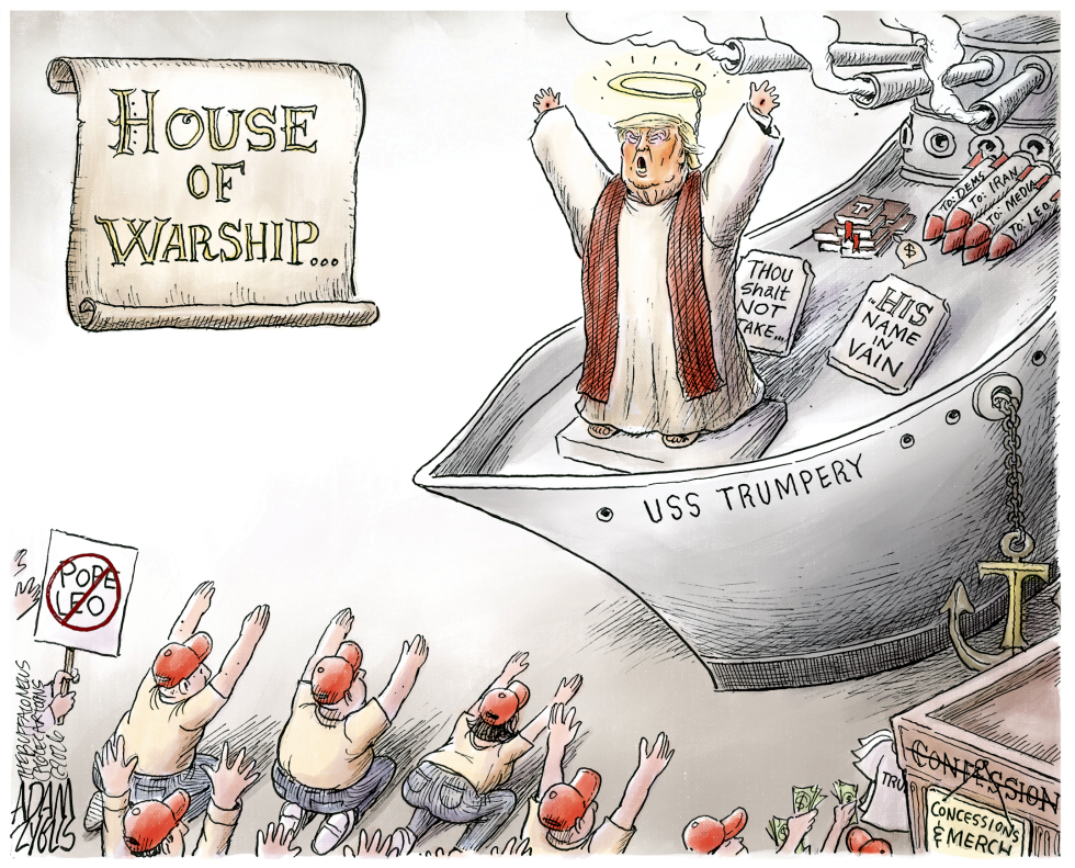 In this biting political cartoon, Trump stands as a haloed pope on the USS Trumpery, preaching twisted commandments amid bombs, while red-hatted followers kneel below.
