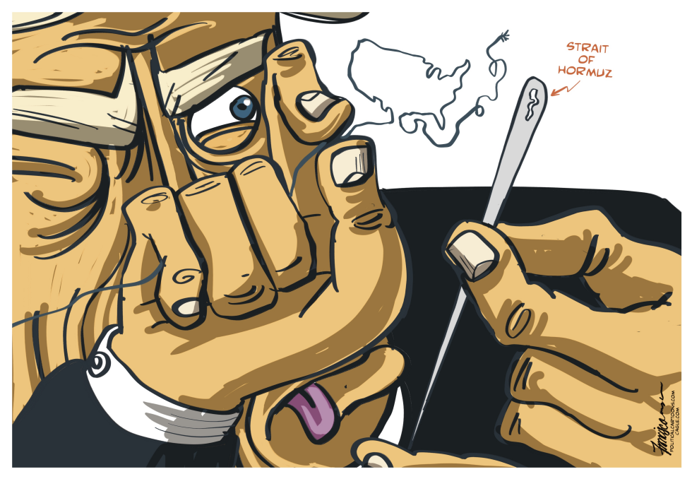 In this Trump cartoon, the president threads a USA-shaped string through the Strait of Hormuz needle.