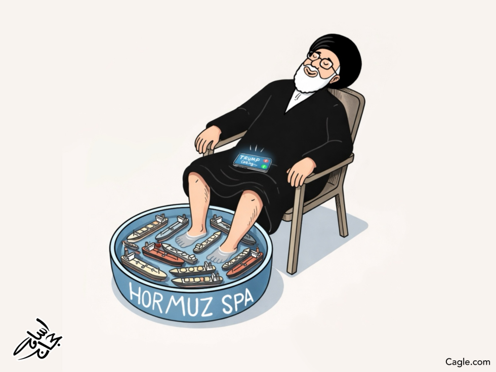 Iranian leader lounges with feet in Hormuz Spa basin full of ships, phone labeled Trump vibrating.