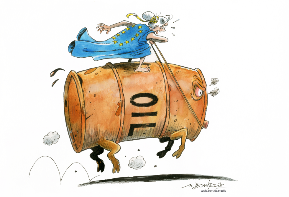 In this symbolic rodeo, the European figure battles volatile oil prices on a raging barrel, highlighting economy struggles.