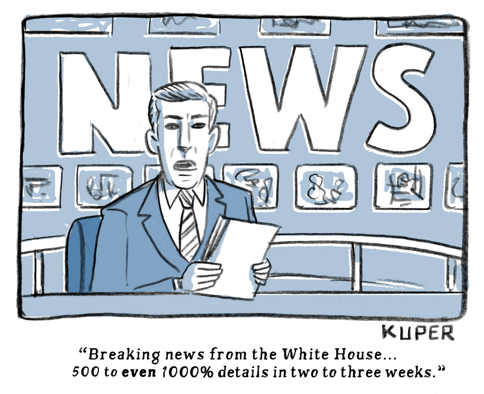 In this political cartoon, a news anchor reports breaking news from the White House with flip flopping details promised in weeks, highlighting white house lies and promises broken.