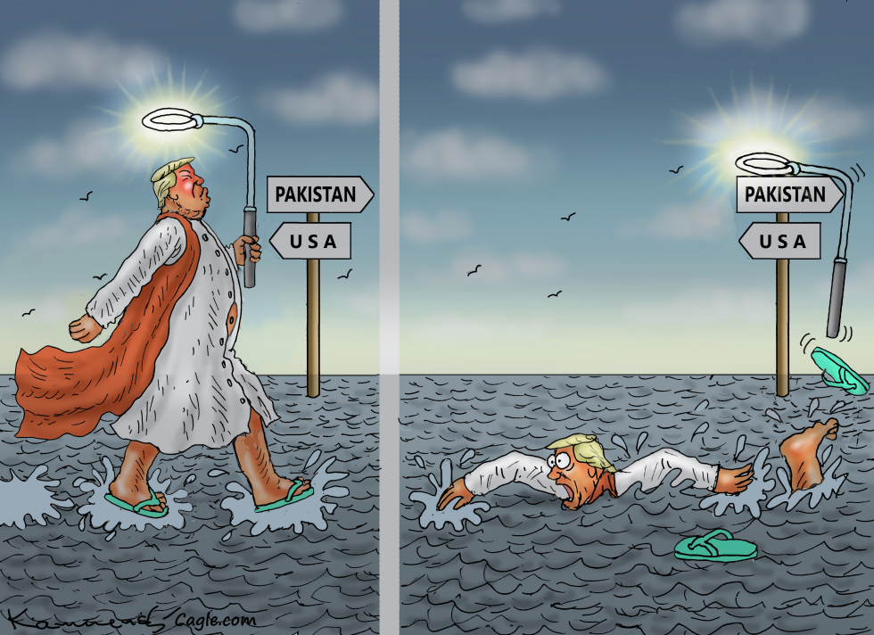 In this Trump Pakistan peace talks cartoon, the MAGA terror figure attempts a fascist miracle but succumbs to the Hormuz waves.