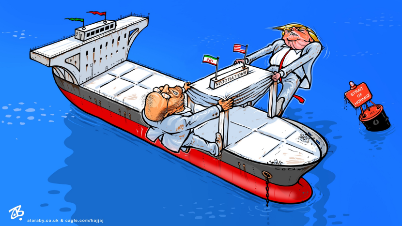 In this Gulf War tanker talks cartoon, Trump and an Iranian figure negotiate on a ship amid oil spills.