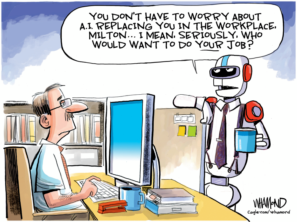 Robot tells office worker AI will not replace him because no one wants the job