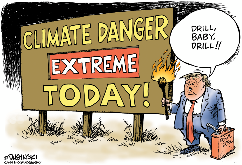Trump depicted igniting climate warning sign with fossil fuel torch