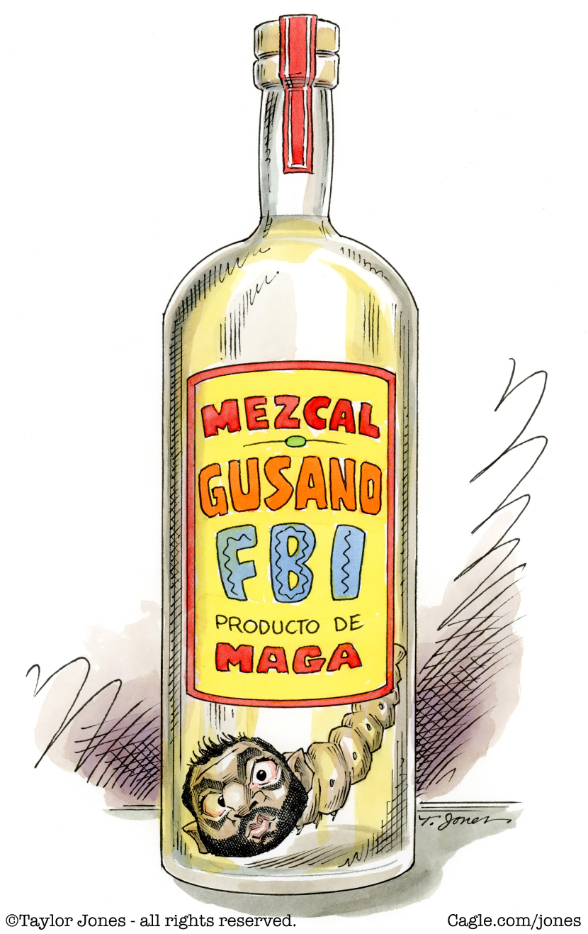 Kash Patel as the Worm in MAGA's FBI Mezcal Bottle