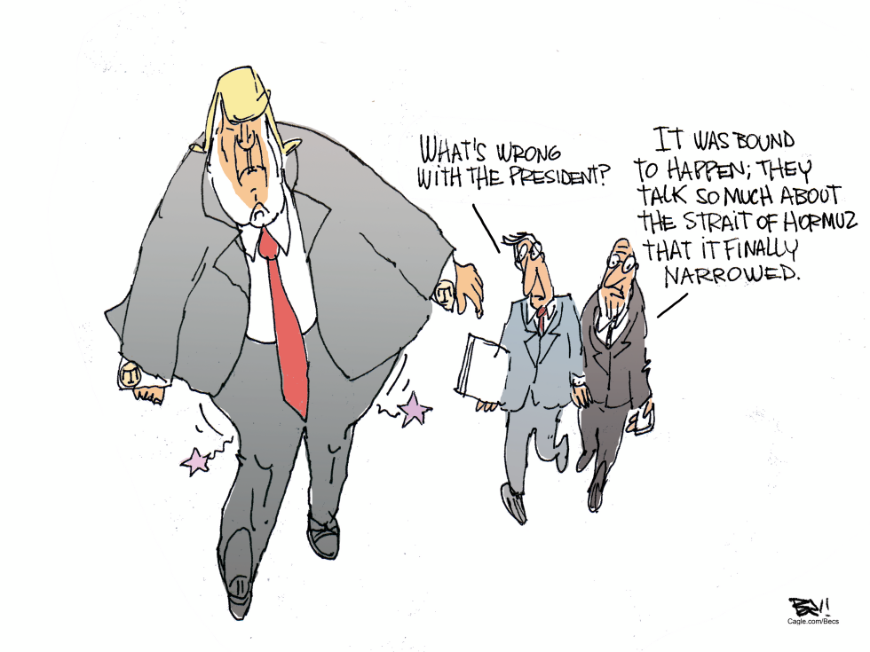 In this Donald Trump Administration cartoon, the US War on oil through the Strait of Hormuz leads to a narrowed passage pun.