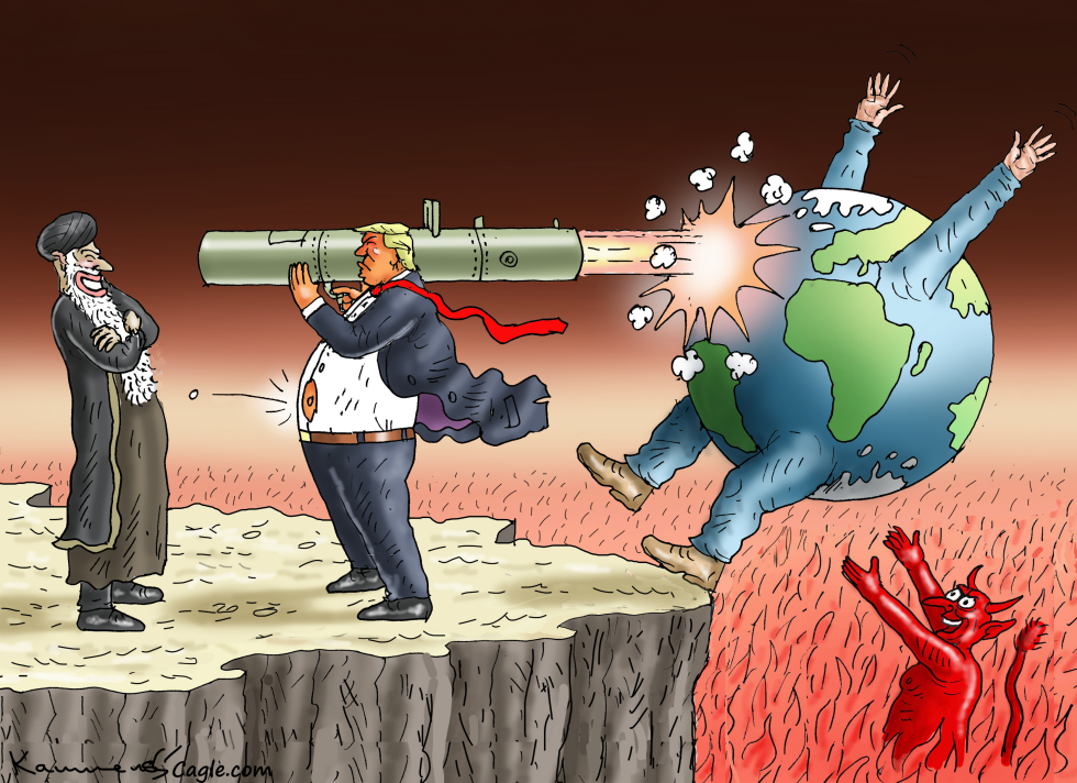 In this Iran War cartoon, Trump blasts the Earth globe off a cliff toward a devil, highlighting MAGA Terror and Fascism.
