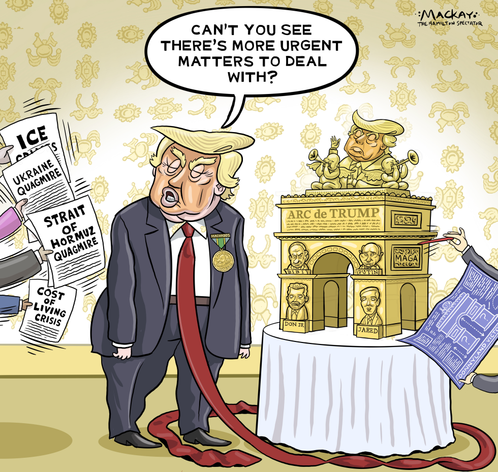 Donald Trump\'s caricature ignores crises like Ukraine quagmire and cost of living crisis to unveil his vanity Arc de Trump legacy.