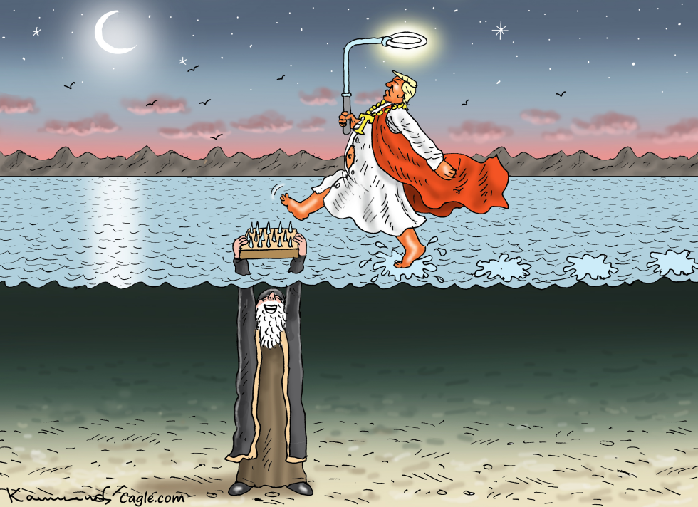 In this Iran, Hormuz, Trump cartoon, a messianic figure strides across the sea, offering a spiked crown to a submerged prophet amid fascist overtones.