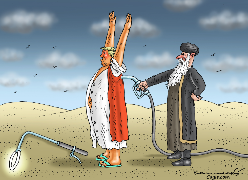 In this biting cartoon, Trump stands as a robed figure with arms raised while an Iranian cleric pumps fuel into his side, highlighting themes of fascism, MAGA terror, and oil war.