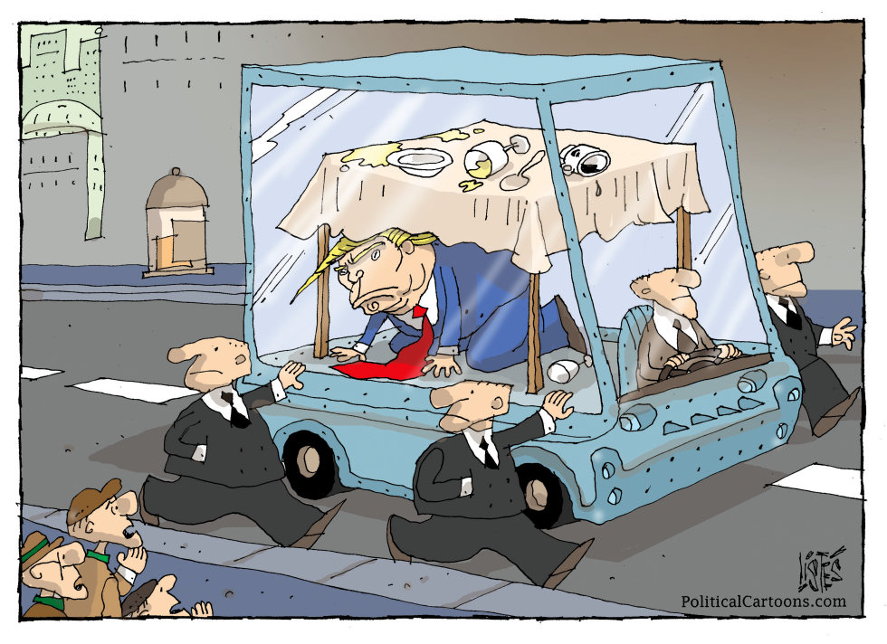 President Trump dines angrily in a glass-enclosed Trumpmobil pushed by suits amid Strait of Hormuz terror.
