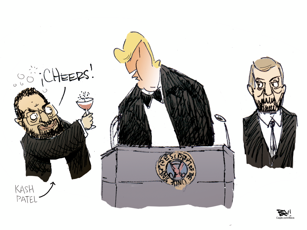 Kash Patel Toasts at Trump Press Conference in Satirical Cartoon