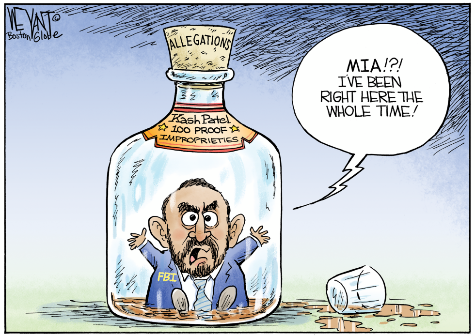 Kash Patel Trapped in Bottle of Improprieties in Satirical Cartoon