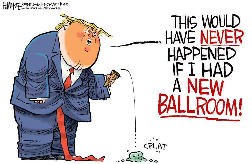 Trump Blames Melting Ice Cream on Lack of New Ballroom in Satirical Cartoon