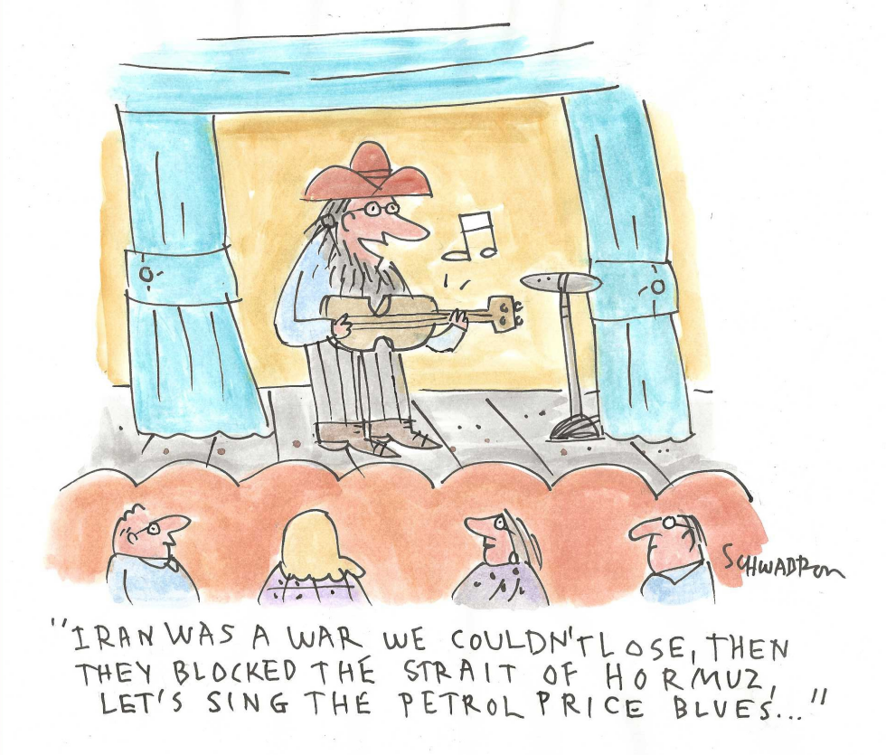 Schwadron Cartoon Shows Singer Lamenting Blocked Strait and Rising Petrol Prices