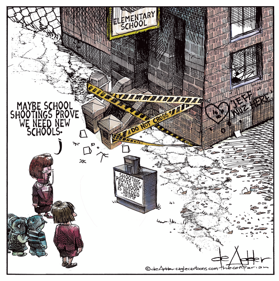 Trump's Ballroom Logic Applied to School Shootings in de Adder Cartoon