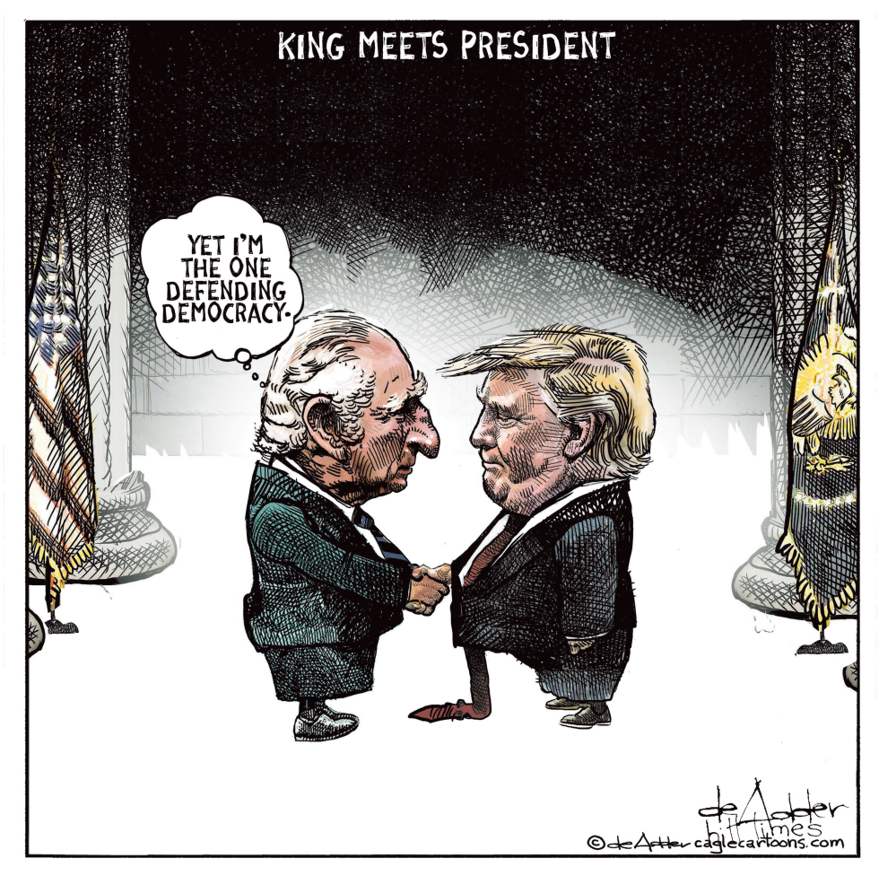 King Charles Quips on Defending Democracy in Trump Handshake Cartoon