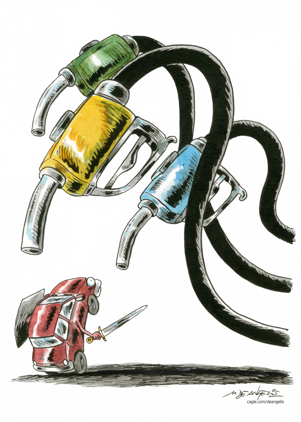 Hydra of Our Times: Car Battles Multi-Headed Fuel Pump Monster in Oil Crisis Satire