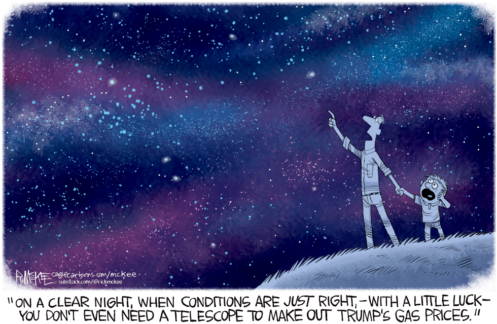 Cartoon depicts stargazers spotting high gas prices in clear night sky