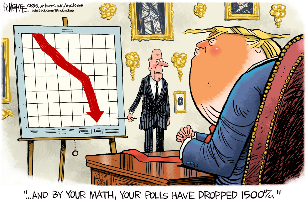 Cartoon shows Trump viewing steep red decline on chart