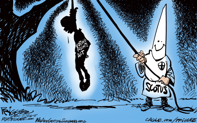 Supreme Court figure in white robe holds noose around Voting Rights Act