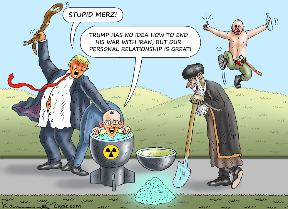 Angry Trump caricature swings belt at dunked Merz head in nuclear bomb, while jumping Putin celebrates great personal relationship despite Iran war failure.