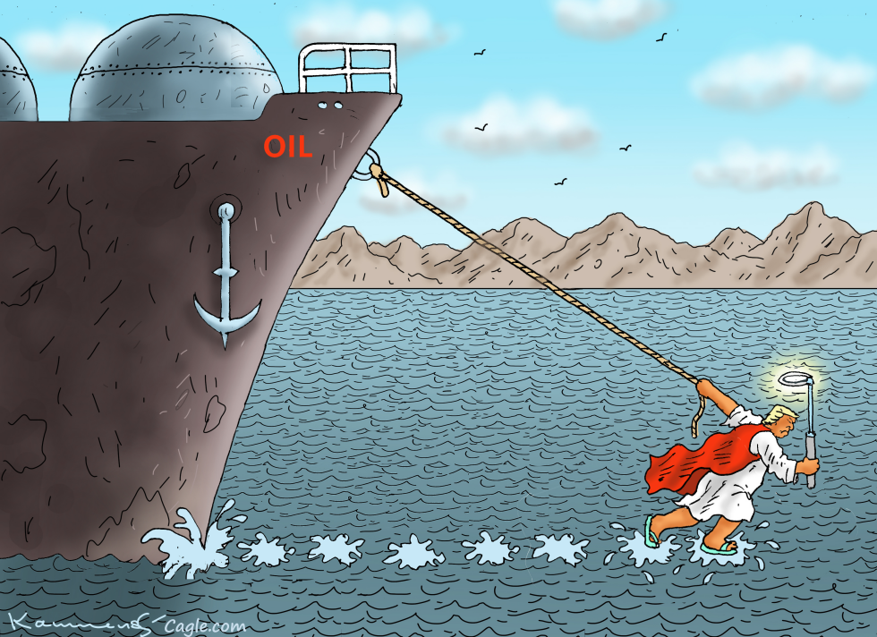 A caped figure walks on water, pulling an oil tanker amid Hormuz tensions, blending Trump, fascism, and oil war satire.