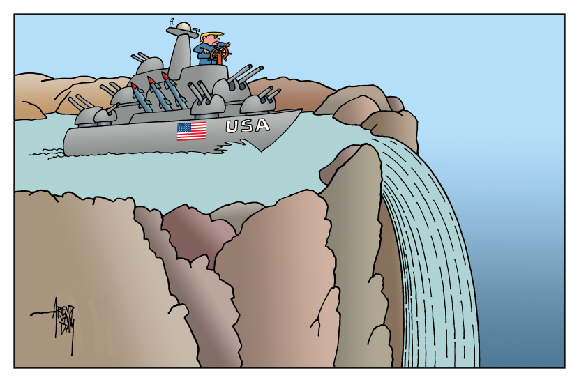 A USA battleship tumbles over a waterfall in this war strategy failure cartoon.