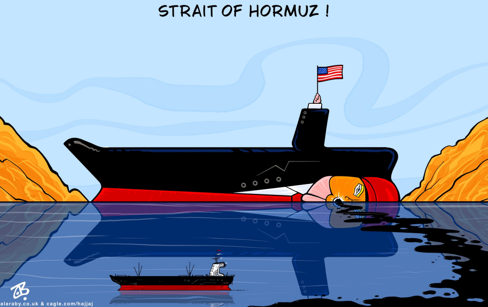 In this political cartoon, a submarine with Trump's face gets stuck in the Strait of Hormuz, spilling oil near a tanker amid Persian Gulf war tensions.