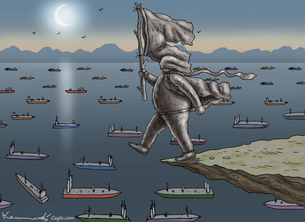 In this Banksy-inspired cartoon, a hooded figure embodying fascism and patriotism strides off a cliff into a sea of tankers at Hormuz.