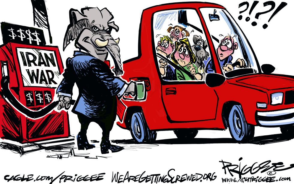 GOP Elephant Pumps Iran War Gas into Family Car Shock