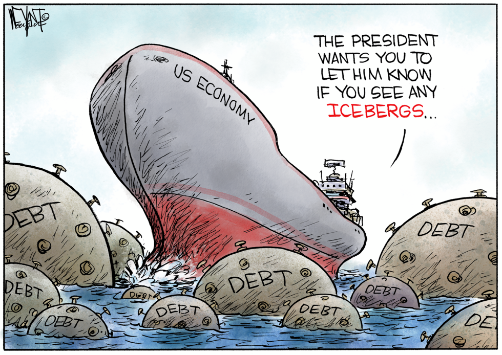 US Economy Sinking Amid Debt Icebergs in Treacherous Waters Cartoon