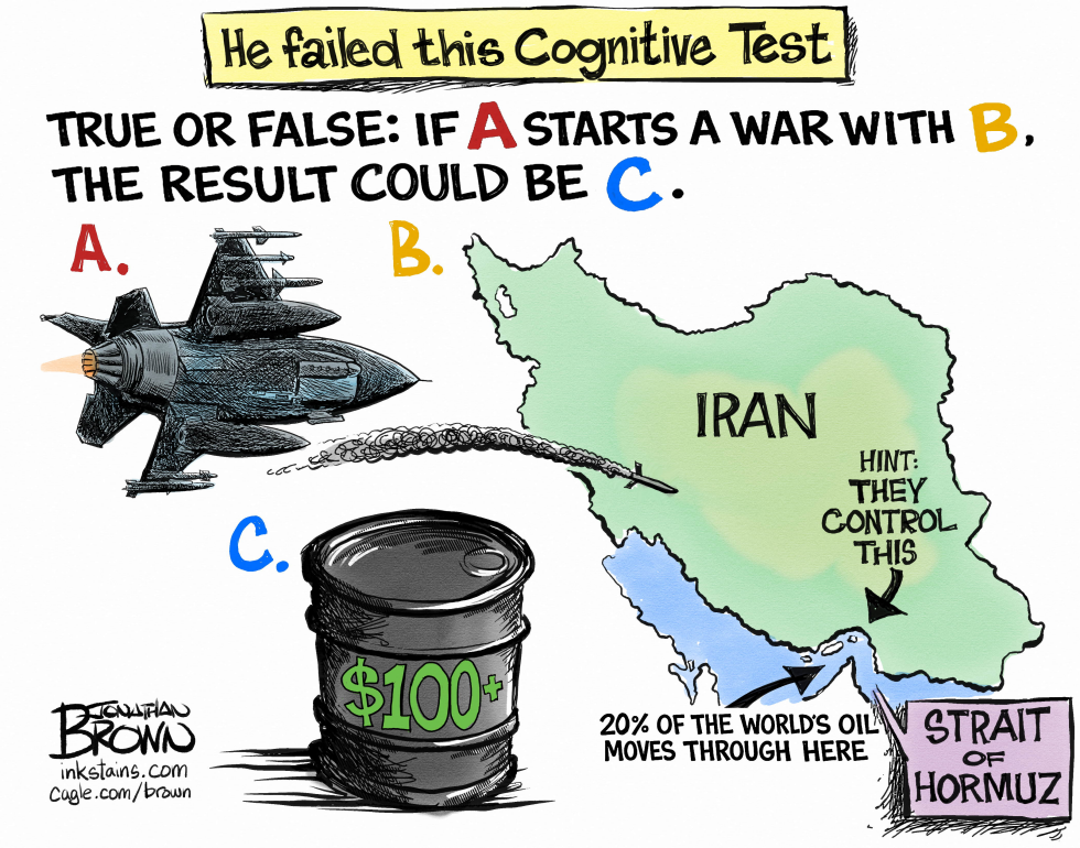 Cartoon Skewers Cognitive Lapse on Iran War's Oil Price Fallout