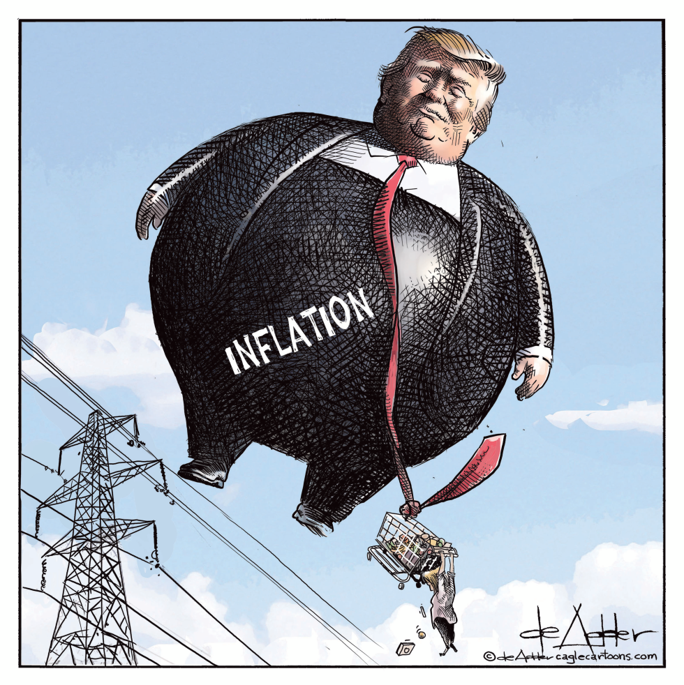Trump Ballooned as Inflation Lifts Grocery Shopper Skyward in de Adder Cartoon